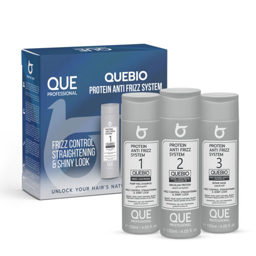 QUE Professional QUEBIO Protein Anti Frizz System SET 3 STEPS - Keratino plaukų tiesinimo rinkinys, baltyminė plaukų tiesinimo sistema